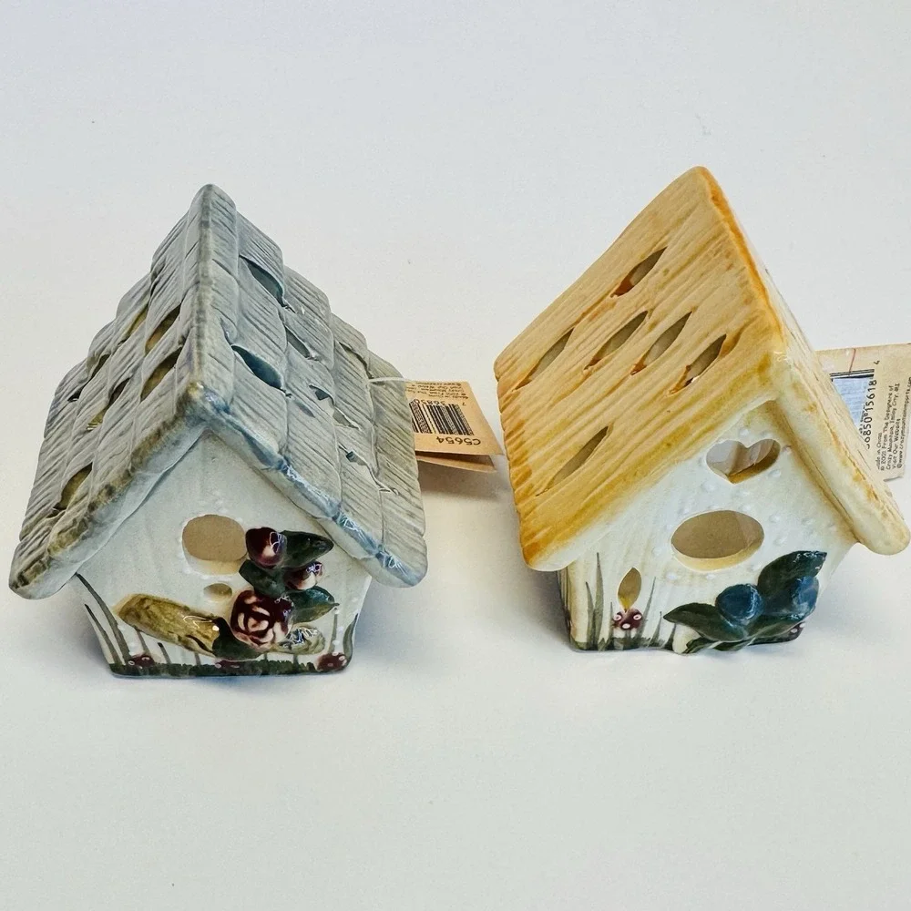Crazy Mountain Ceramic Birdhouse Tea Light Candle Holders Set of 2 NWT‎